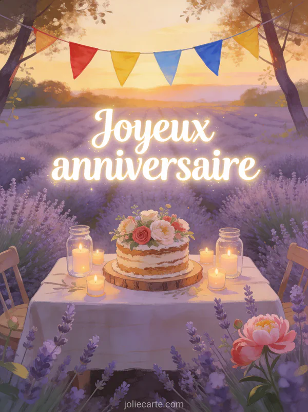 Champ de lavande au coucher du soleil avec table de fête champêtre, bougies dans des bocaux, gâteau d’anniversaire rustique et fanions colorés