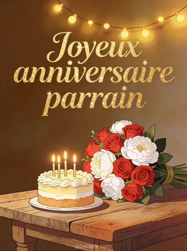 Bouquet de roses rouges et pivoines blanches sur table rustique avec gâteau d'anniversaire et guirlande lumineuse texte Joyeux anniversaire parrain en lettres dorées