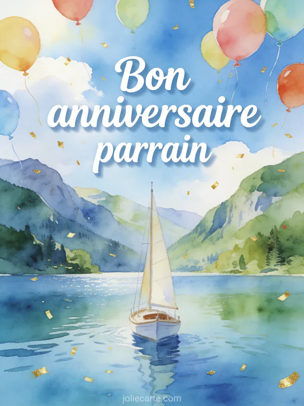 Illustration aquarelle d'un voilier sur un lac calme entouré de montagnes avec ballons colorés et confettis dorés texte Bon anniversaire parrain
