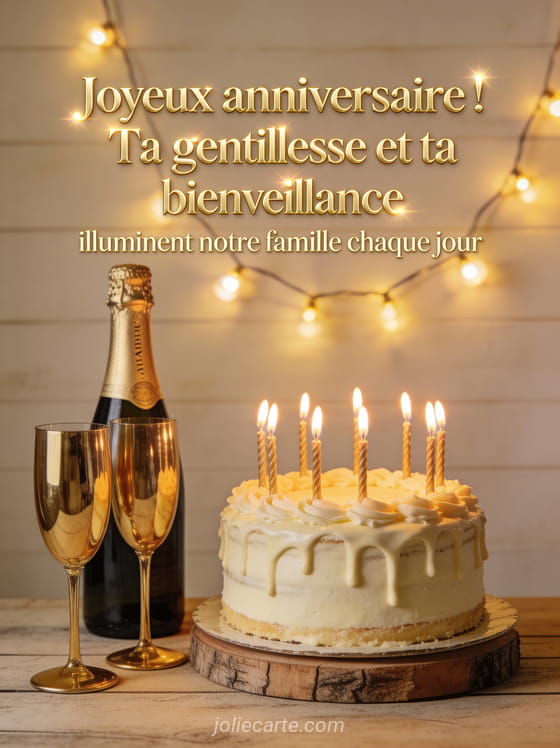 Gâteau d'anniversaire avec bougies allumées sur table rustique, bouteille de champagne et coupes dorées, guirlande lumineuse