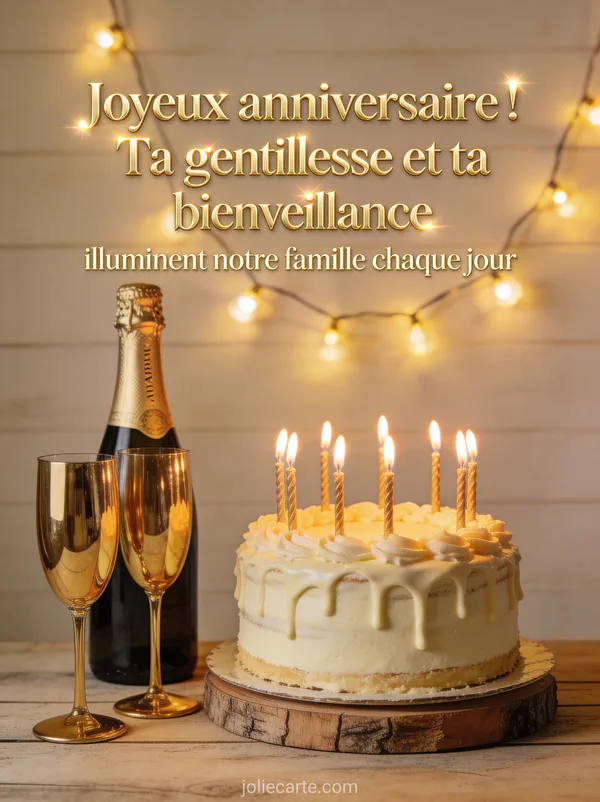 Gâteau d'anniversaire avec bougies allumées sur table rustique, bouteille de champagne et coupes dorées, guirlande lumineuse