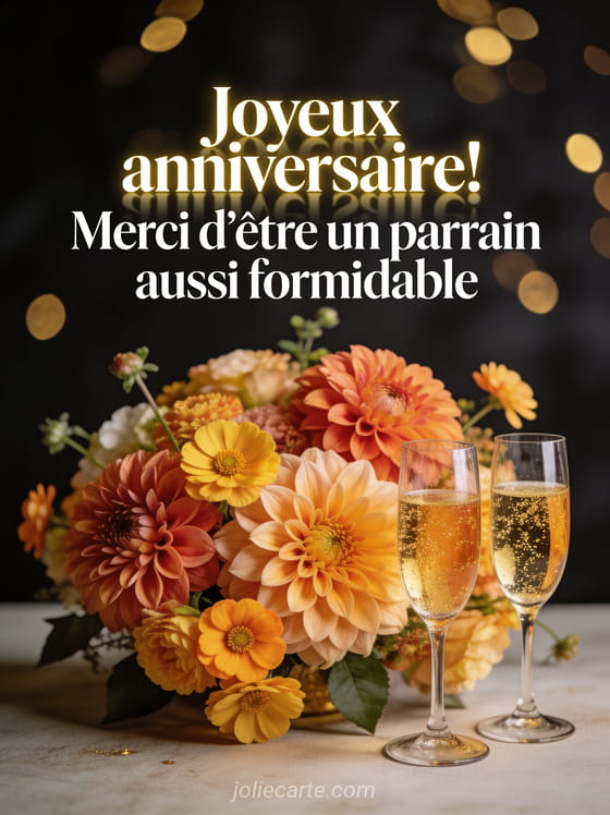 Composition florale de dahlias et renoncules aux tons chauds avec coupes de champagne et texte Joyeux anniversaire merci d'être un parrain formidable en lettres blanches dorées