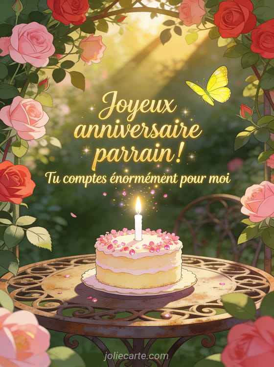 Jardin anglais avec rosiers grimpants et petit gâteau d'anniversaire sur table en fer forgé avec papillons citron texte Joyeux anniversaire parrain en cursive dorée