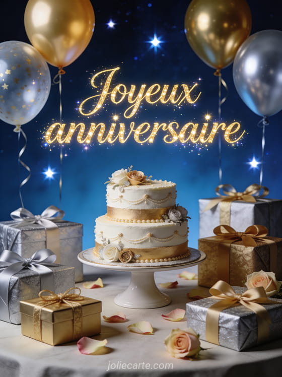 Ballons dorés et argentés au-dessus d'une table festive avec cadeaux, gâteau à étages et pétales de rose sur fond bleu nuit étoilé