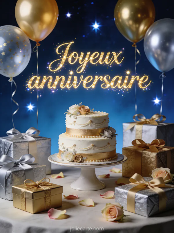 Ballons dorés et argentés au-dessus d'une table festive avec cadeaux, gâteau à étages et pétales de rose sur fond bleu nuit étoilé