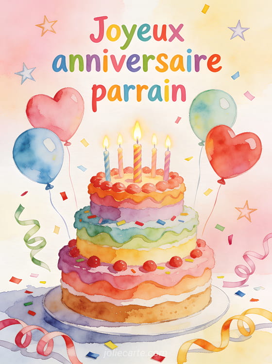 Illustration aquarelle d'un gâteau d'anniversaire multicolore avec bougies allumées ballons en forme de coeur confettis et serpentins texte Joyeux anniversaire parrain