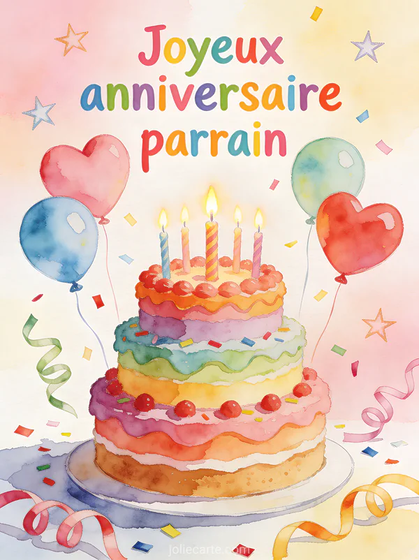 Illustration aquarelle d'un gâteau d'anniversaire multicolore avec bougies allumées ballons en forme de coeur confettis et serpentins texte Joyeux anniversaire parrain