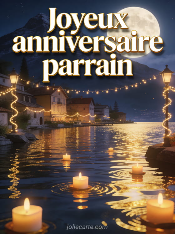 Village au bord d'un lac sous la pleine lune avec bougies flottantes et guirlande lumineuse festive texte Joyeux anniversaire parrain en lettres blanches dorées