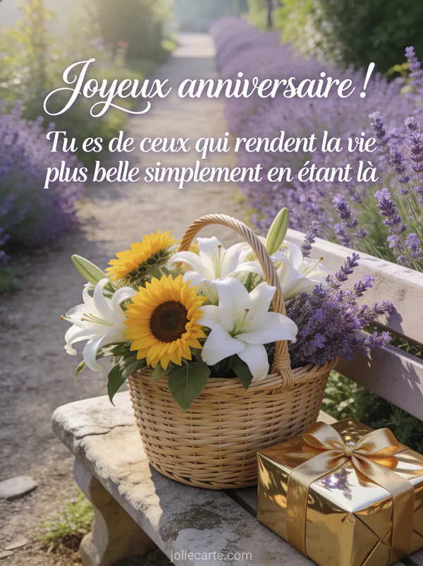 Bouquet de tournesols et lys dans panier en osier sur banc en pierre, cadeaux avec rubans dorés, allée de jardin bordée de lavande