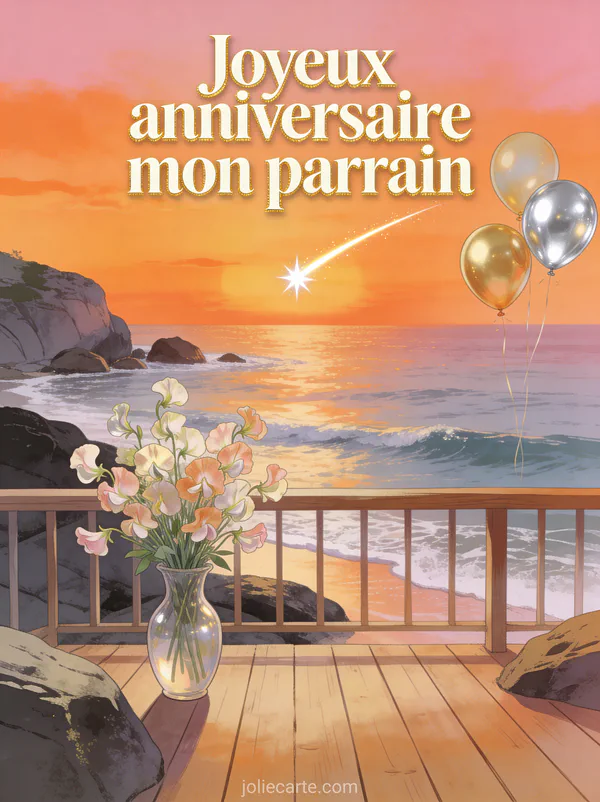 Bord de mer au coucher du soleil avec bouquet de pois de senteur dans un vase sur terrasse en bois étoile filante et ballons dorés texte Joyeux anniversaire mon parrain