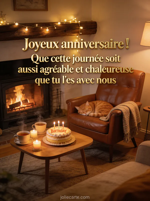 Salon cosy avec cheminée allumée, fauteuil en cuir avec plaid, gâteau d'anniversaire avec bougies, tasses de thé, chat roux endormi