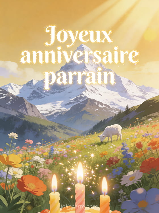 Vallée alpine couverte de fleurs sauvages colorées avec sommets enneigés petit mouton blanc bougies scintillantes texte Joyeux anniversaire parrain en lettres lumineuses