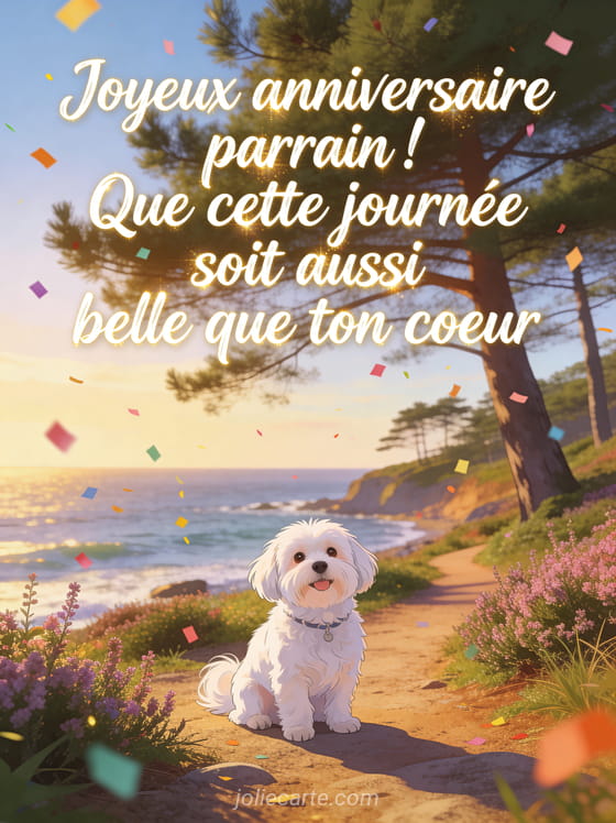 Côte sauvage avec pins maritimes et bruyère en fleurs petit chien coton de Tuléar sur sentier côtier confettis colorés texte Joyeux anniversaire parrain en cursive blanche dorée