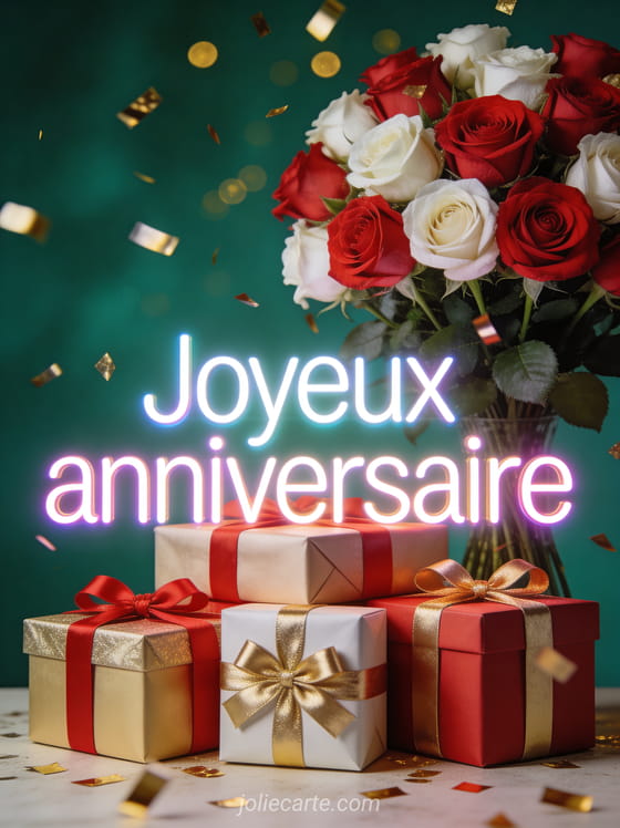 Pile de cadeaux avec rubans rouges et dorés, grand bouquet de roses rouges et blanches, confettis dorés sur fond vert émeraude bokeh