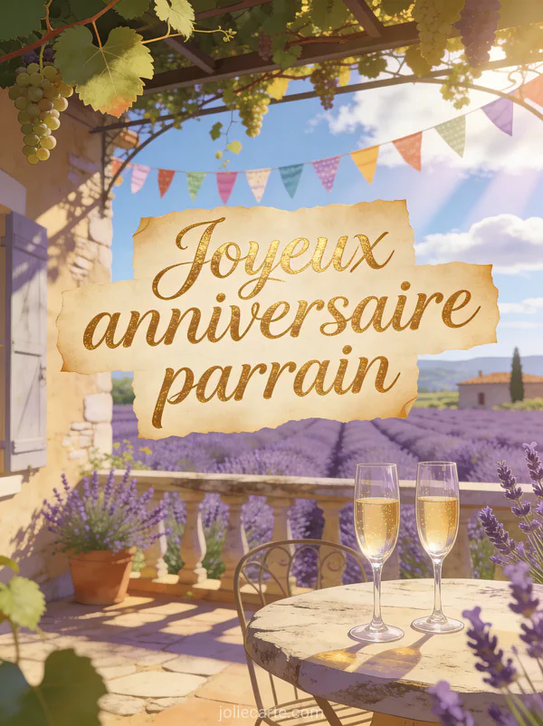Mas provençal avec lavande en fleurs et treille de vigne coupes de champagne guirlande de fanions colorés texte Joyeux anniversaire parrain en lettres dorées calligraphiées