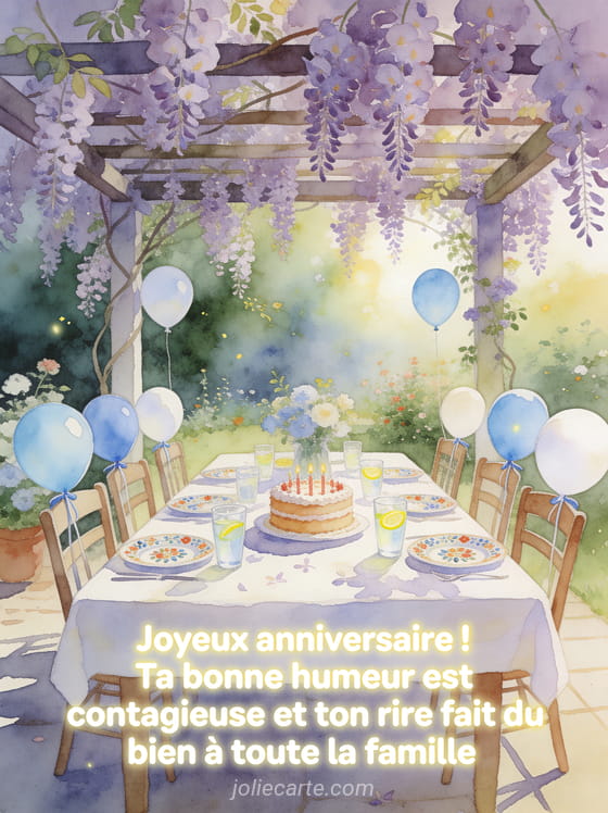 Table de jardin sous pergola couverte de glycine mauve, ballons pastel bleus et blancs, gâteau d'anniversaire, verres de limonade, aquarelle