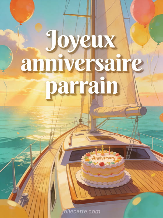 Voilier élégant sur mer calme turquoise au soleil couchant avec ballons colorés et gâteau d'anniversaire sur le pont texte Joyeux anniversaire parrain en lettres blanches