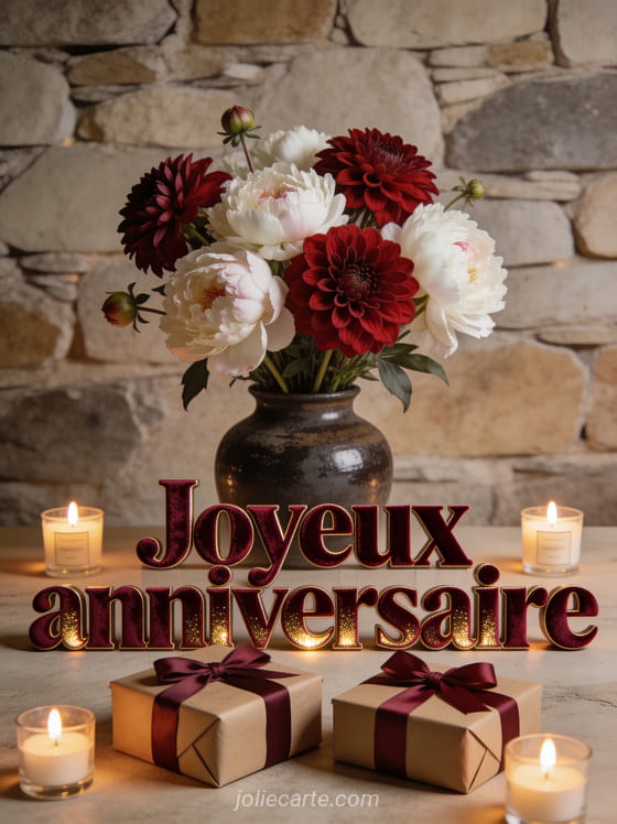 Arrangement de dahlias rouges et pivoines blanches dans vase en céramique sombre, cadeaux papier kraft avec rubans bordeaux, bougies parfumées, mur en pierre