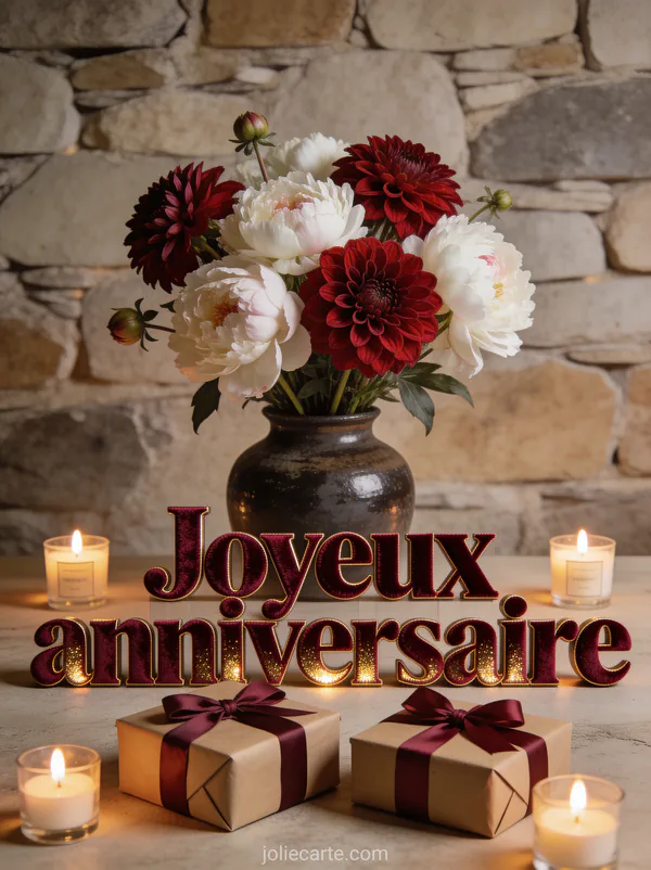 Arrangement de dahlias rouges et pivoines blanches dans vase en céramique sombre, cadeaux papier kraft avec rubans bordeaux, bougies parfumées, mur en pierre