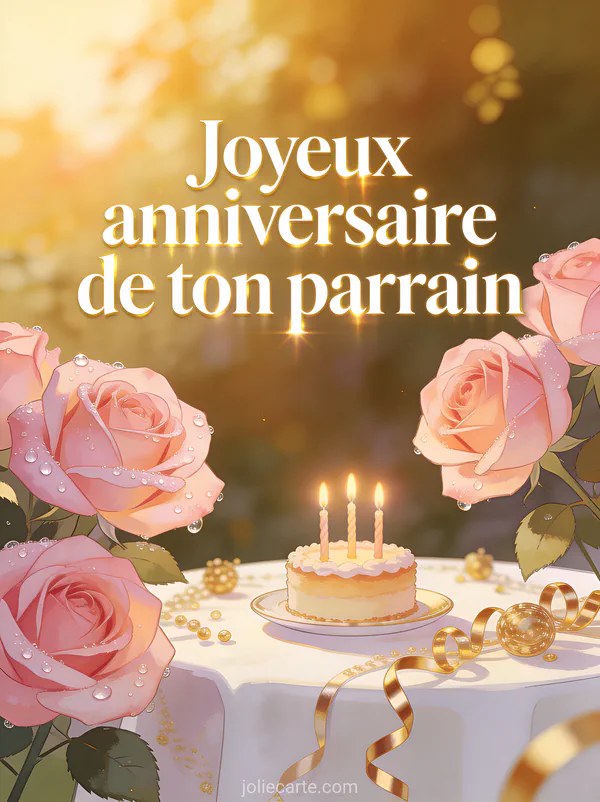 Roses aux tons rosés avec gouttes de rosée sur fond doré table festive avec nappe blanche décorations dorées et petit gâteau avec bougies texte Joyeux anniversaire de ton parrain
