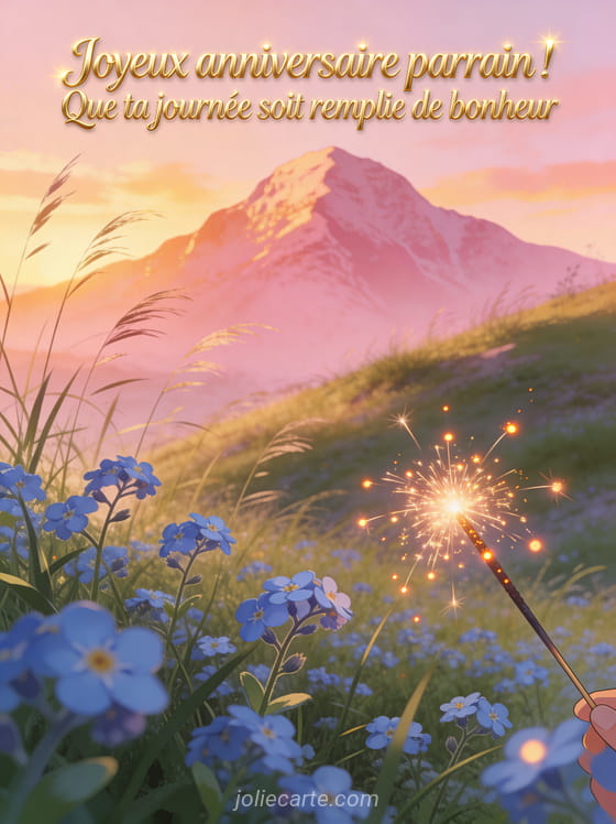 Montagne teintée de rose au coucher du soleil avec herbes hautes et myosotis bleus au premier plan sparkler scintillant texte Joyeux anniversaire parrain en lettres dorées