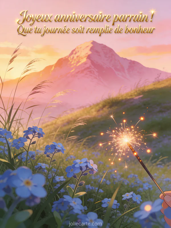 Montagne teintée de rose au coucher du soleil avec herbes hautes et myosotis bleus au premier plan sparkler scintillant texte Joyeux anniversaire parrain en lettres dorées