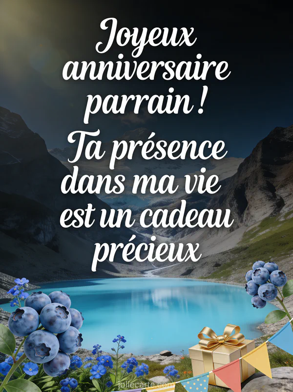 Lac glaciaire bleu laiteux entouré de montagnes avec bleuets sauvages au premier plan noeud de cadeau doré et fanions colorés texte Joyeux anniversaire parrain en cursive blanche