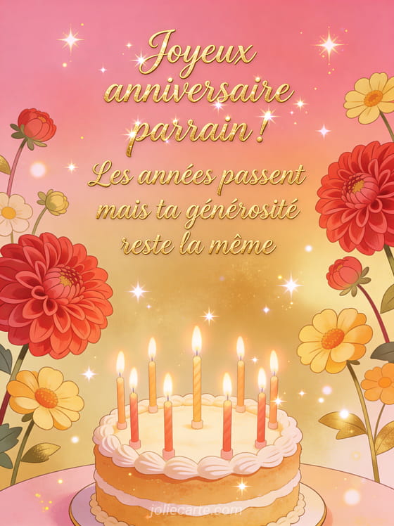 Composition de dahlias rouges et renoncules aux tons chauds avec gâteau d'anniversaire et bougies allumées étoiles scintillantes texte Joyeux anniversaire parrain en lettres dorées calligraphiées