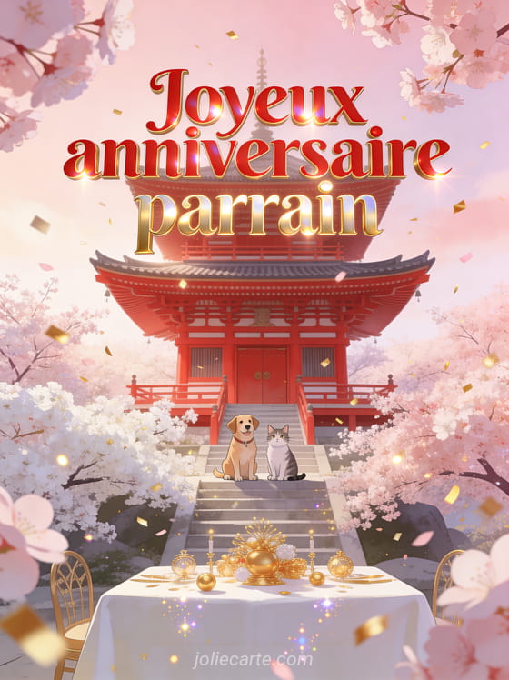 Temple asiatique rouge au milieu de cerisiers en fleurs chien et chat assis côte à côte confettis dorés table festive texte Joyeux anniversaire parrain en lettres rouges et dorées