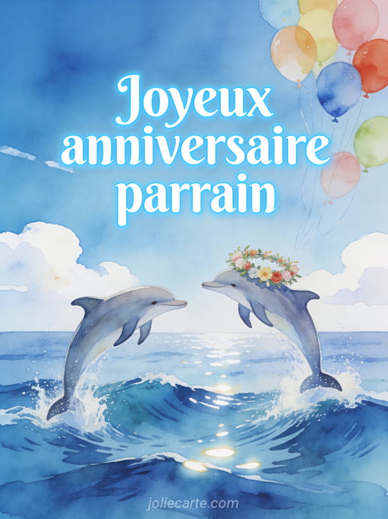 Illustration aquarelle de dauphins sautant au-dessus des vagues sous ciel bleu avec couronne de fleurs festive et ballons colorés texte Joyeux anniversaire parrain en lettres blanches bleues