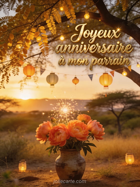 Savane dorée avec acacias au coucher du soleil pivoines corail dans vase rustique sparkler scintillant et lampions de fête texte Joyeux anniversaire à mon parrain en lettres dorées