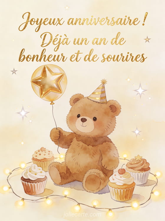Ourson en peluche portant un chapeau de fête tenant un ballon étoile dorée avec cupcakes et guirlandes lumineuses