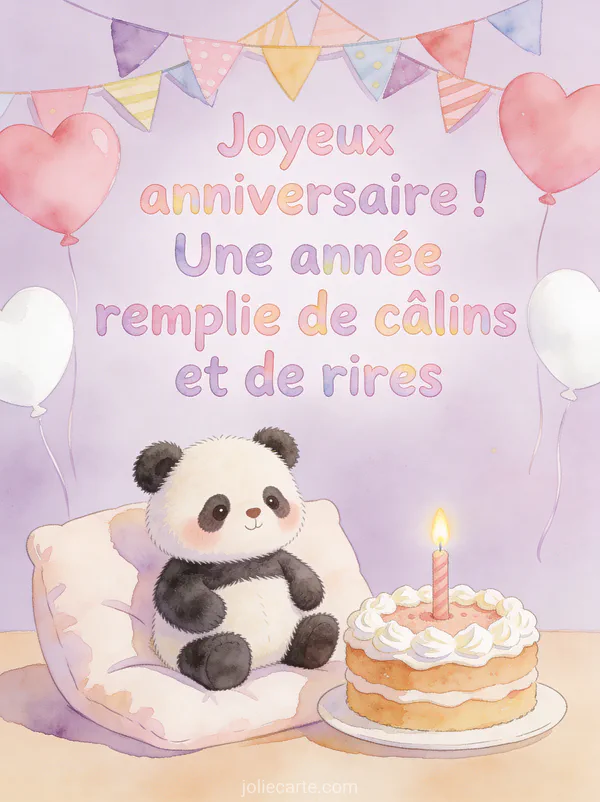Petit panda en peluche assis sur un coussin à côté d'un gâteau d'anniversaire avec guirlandes de fanions et ballons coeur