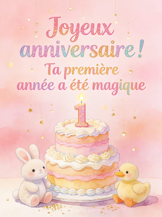 Gâteau d'anniversaire à étages pastel surmonté d'une bougie chiffre 1 entouré d'un lapin et d'un canard en peluche avec paillettes dorées