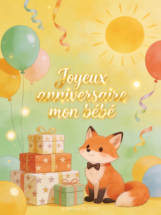 Petit renard roux portant un noeud papillon assis à côté de cadeaux emballés avec ballons multicolores et serpentins sur fond jaune soleil