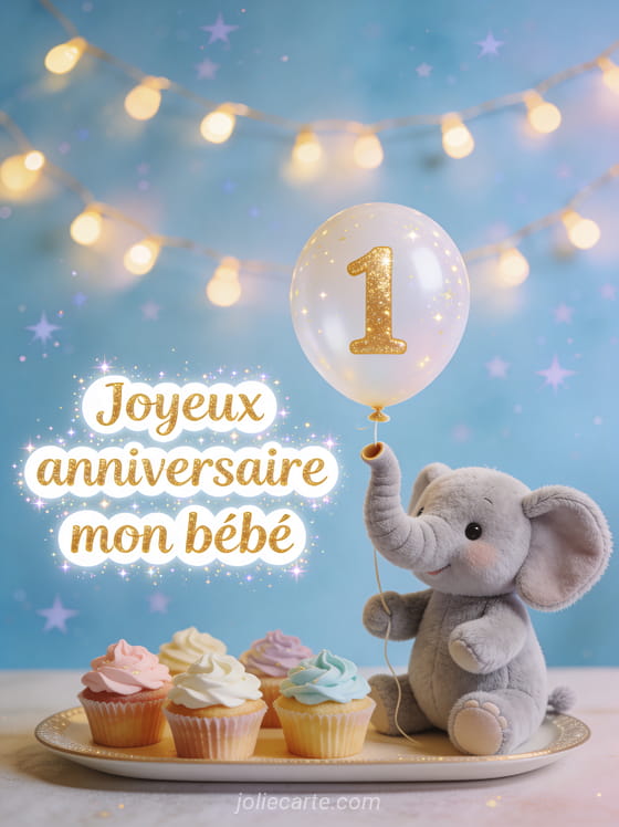 Petit éléphant gris en peluche tenant un ballon chiffre 1 avec sa trompe entouré de cupcakes colorés sur fond bleu pastel étoilé