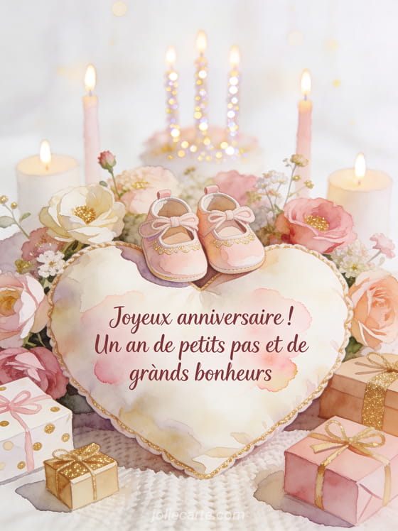 Petites chaussures de bébé sur un coussin en forme de coeur entourées de fleurs et cadeaux avec bougies scintillantes sur fond crème