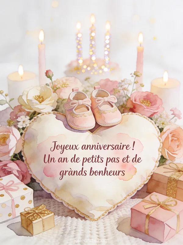 Petites chaussures de bébé sur un coussin en forme de coeur entourées de fleurs et cadeaux avec bougies scintillantes sur fond crème
