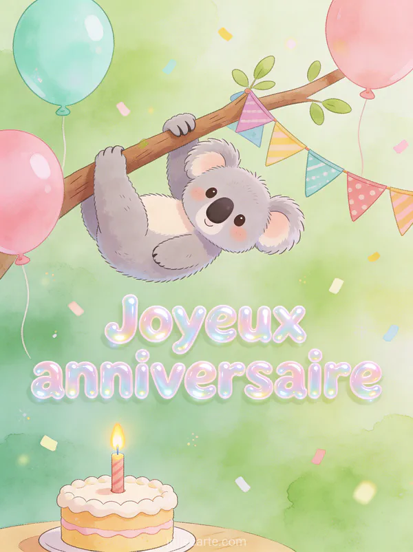 Petit koala en peluche accroché à une branche décorée de guirlandes de fanions avec gâteau et ballons roses et menthe