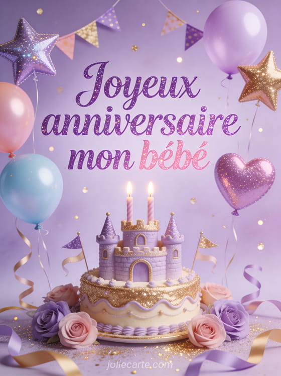 Gâteau d'anniversaire en forme de château avec deux bougies entouré de ballons étoiles et coeurs multicolores sur fond violet pastel pailleté