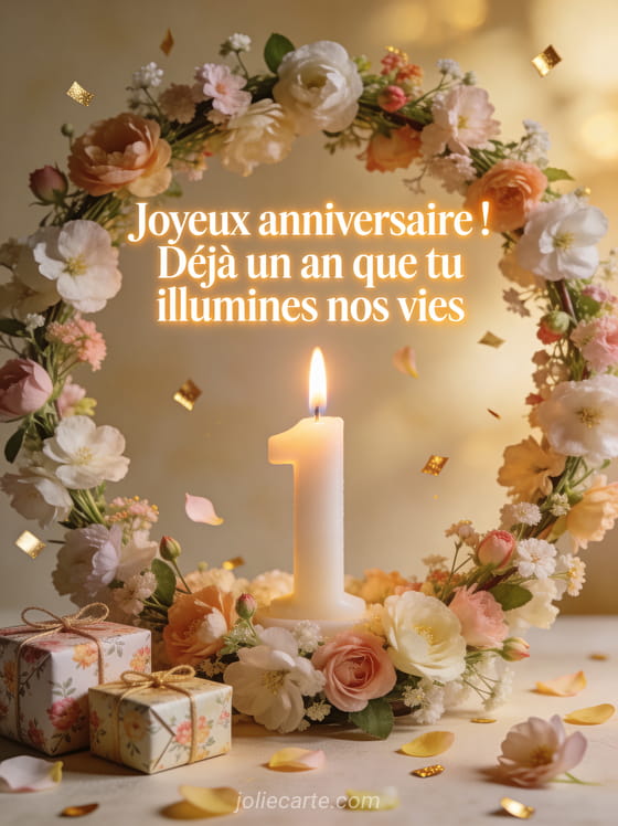 Couronne de fleurs printanières autour d'une bougie chiffre 1 allumée avec cadeaux emballés de papier fleuri et pétales flottants