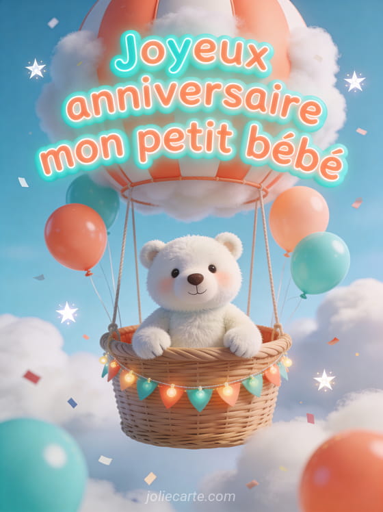Petit ours polaire en peluche assis dans une nacelle de ballon à air chaud avec ballons colorés dans un ciel bleu nuageux