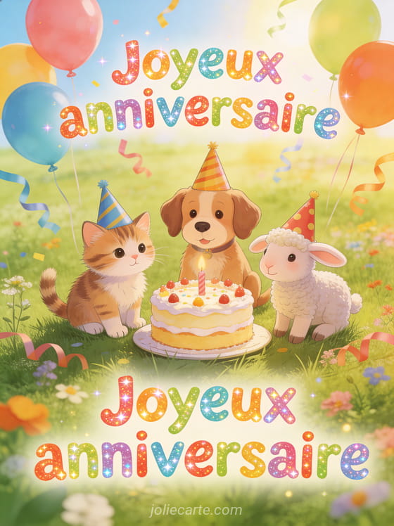 Chaton chiot et lapereau portant des chapeaux de fête réunis autour d'un gâteau d'anniversaire dans une prairie ensoleillée