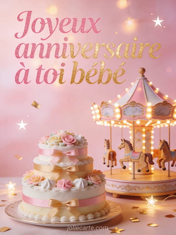 Carrousel miniature décoré de lumières avec chevaux de bois et gâteau d'anniversaire à étages au premier plan avec confettis dorés