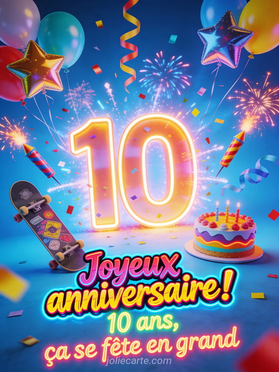 Grand chiffre 10 lumineux entouré de confettis serpentins ballons étoiles avec skateboard décoré de stickers sur fond bleu électrique