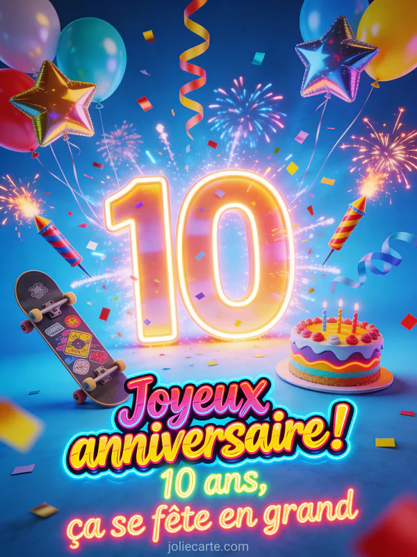 Grand chiffre 10 lumineux entouré de confettis serpentins ballons étoiles avec skateboard décoré de stickers sur fond bleu électrique