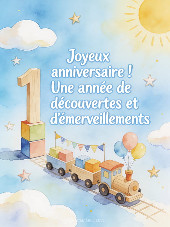 Petits cubes en bois colorés formant le chiffre 1 avec un petit train décoré de ballons et fanions sur fond bleu ciel pastel