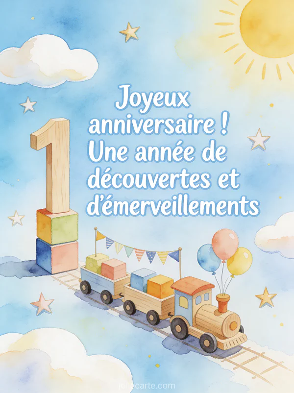 Petits cubes en bois colorés formant le chiffre 1 avec un petit train décoré de ballons et fanions sur fond bleu ciel pastel