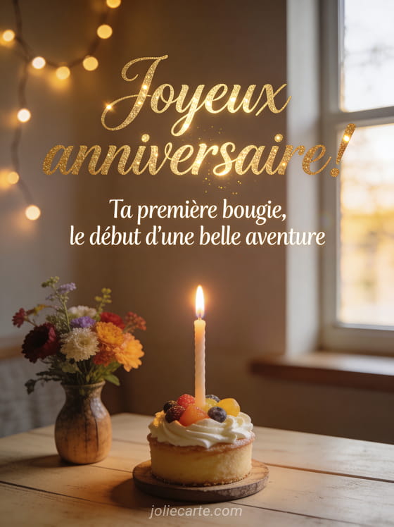 Bougie d'anniversaire allumée sur un petit gâteau décoré de crème et fruits sur table en bois avec fleurs et guirlandes lumineuses