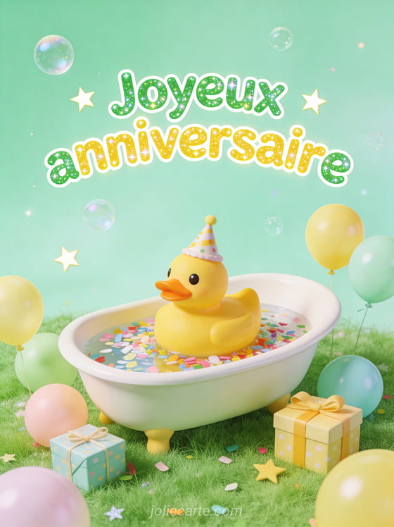 Petit canard en caoutchouc portant un chapeau de fête dans une baignoire miniature remplie de confettis avec cadeaux et ballons pastel